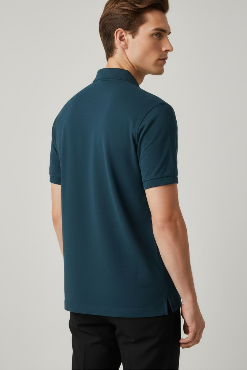 Men’s Dark Teal Blue Cotton Matty Half Sleeve Polo T-Shirt - Image 3